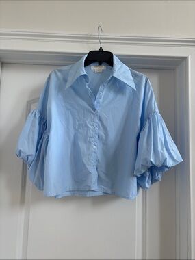 COCOBLEU  Light Blue Puff Sleeve Button-Down Shirt